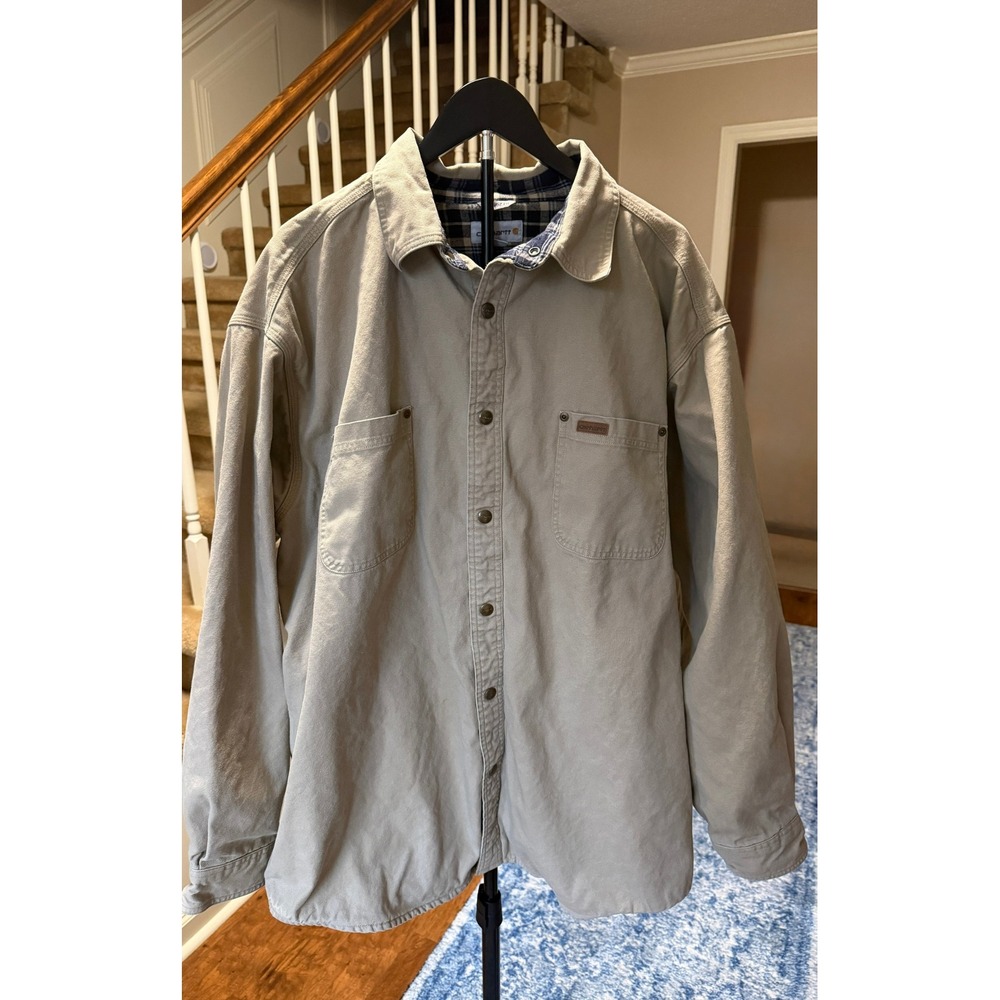 Carhartt Flannel Lined Canvas Shirt Jacket Tan Plaid Mens XL Lined Shacket